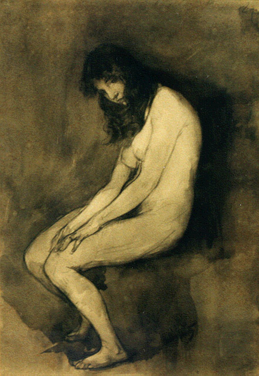 Smith H.  | Hobbe Smith, Zittend naakt, inkt op papier 38,5 x 26,5 cm, gesigneerd rechtsonder