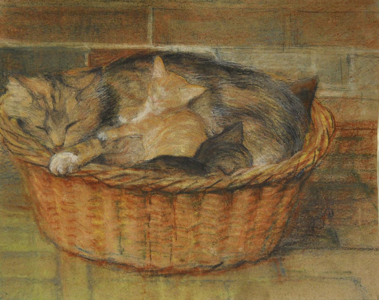 Dyserinck A.G.  | Adrienne Gertrude 'Attie' Dyserinck, Moederkat met kittens in een mand, pastel op papier 31,9 x 40,0 cm, gesigneerd rechtsonder met initialen
