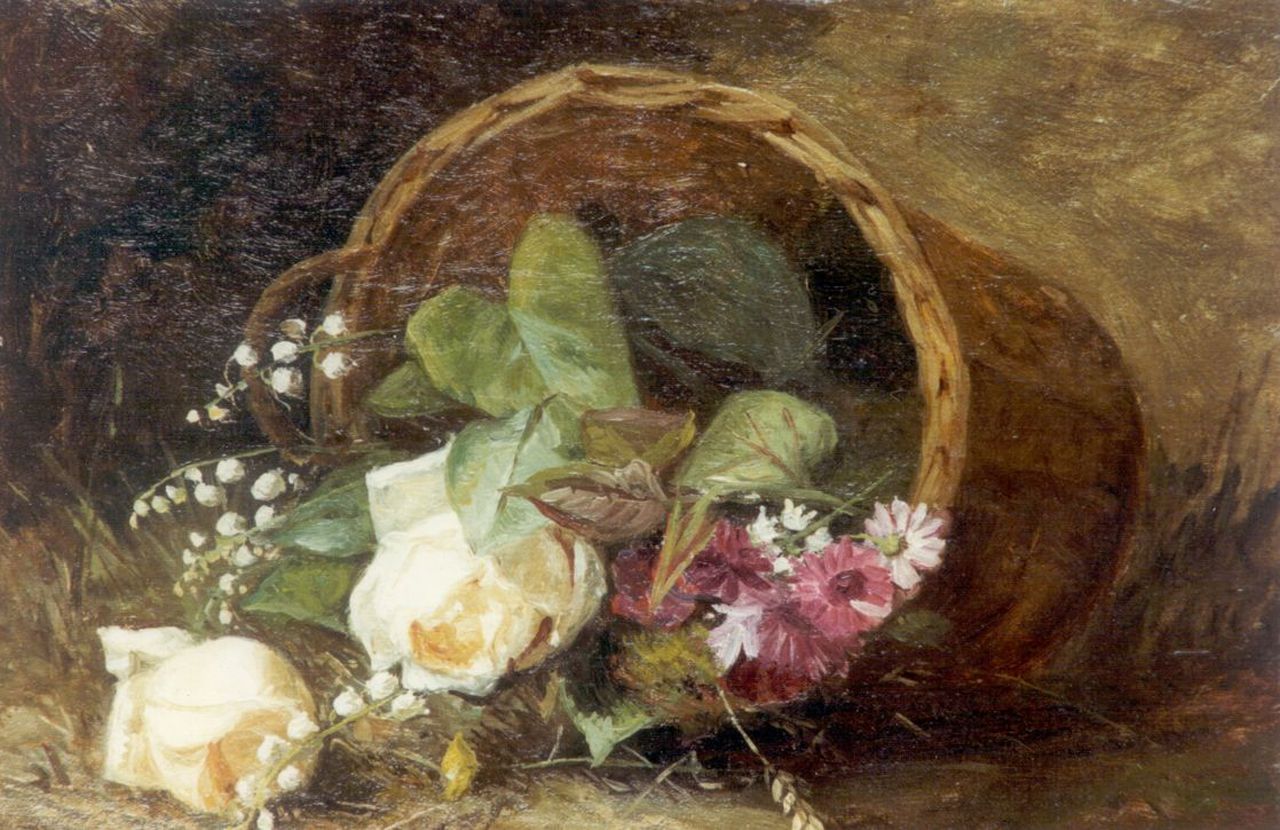 Borselen H.M. van | Helena Maria van Borselen, Omgevallen bloemenmandje, olieverf op paneel 23,5 x 34,2 cm