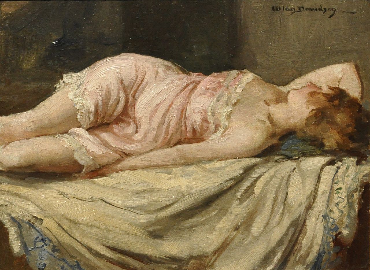 Davidson A.D.  | Allan Douglas Davidson, Slapende jonge vrouw, olieverf op schildersboard 22,7 x 30,2 cm, gesigneerd rechtsboven