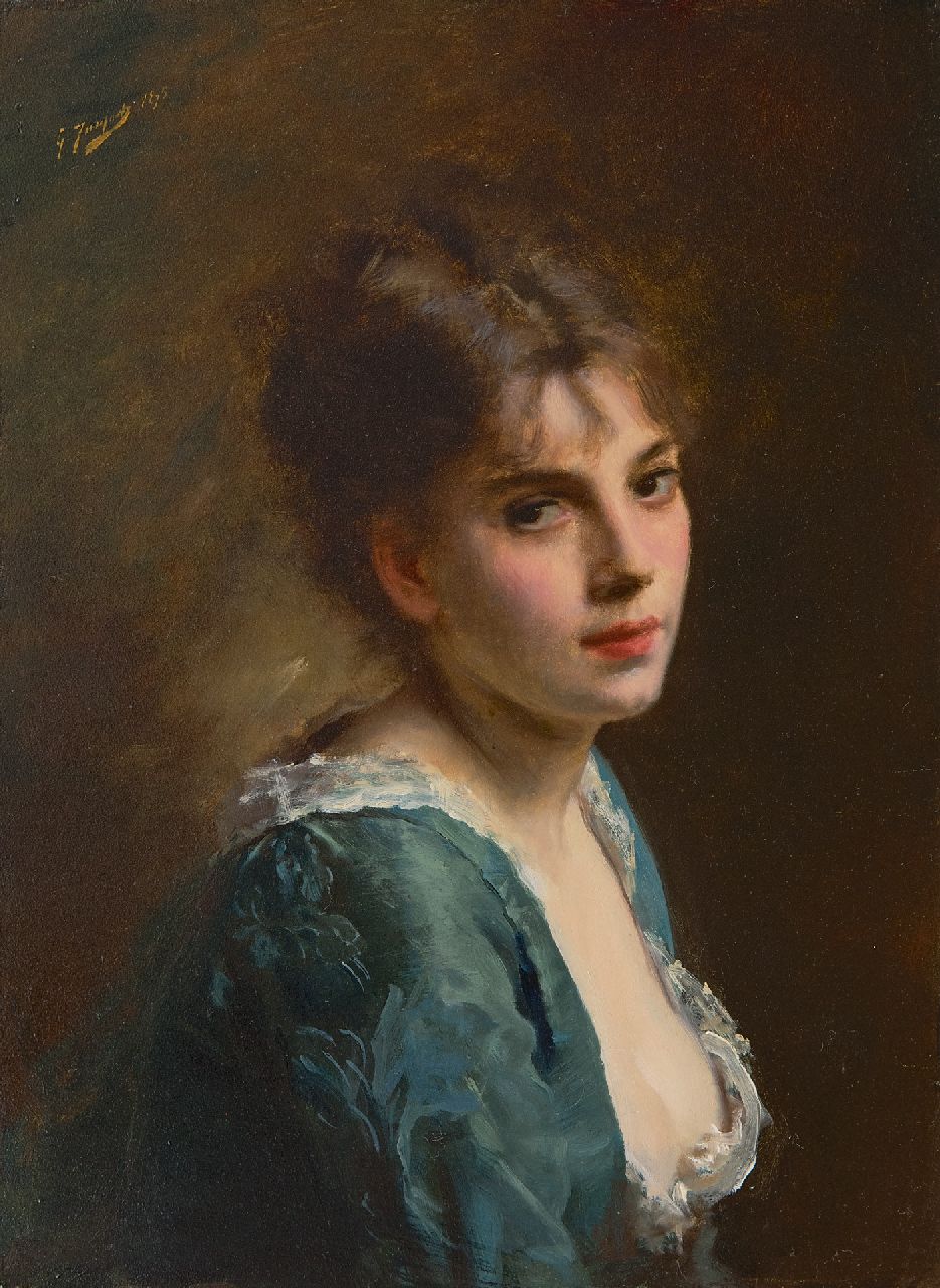 Jacquet G.J.  | 'Gustave' Jean Jacquet, Jonge schone, olieverf op paneel 33,9 x 25,7 cm, gesigneerd linksboven en gedateerd 1875