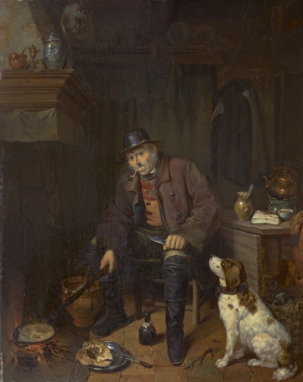 Canta J.A.  | Johannes Antonius Canta | Schilderijen te koop aangeboden | Interieur met jager en zijn hond, olieverf op paneel 58,8 x 47,3 cm, gesigneerd rechts van het midden op de tafelrand