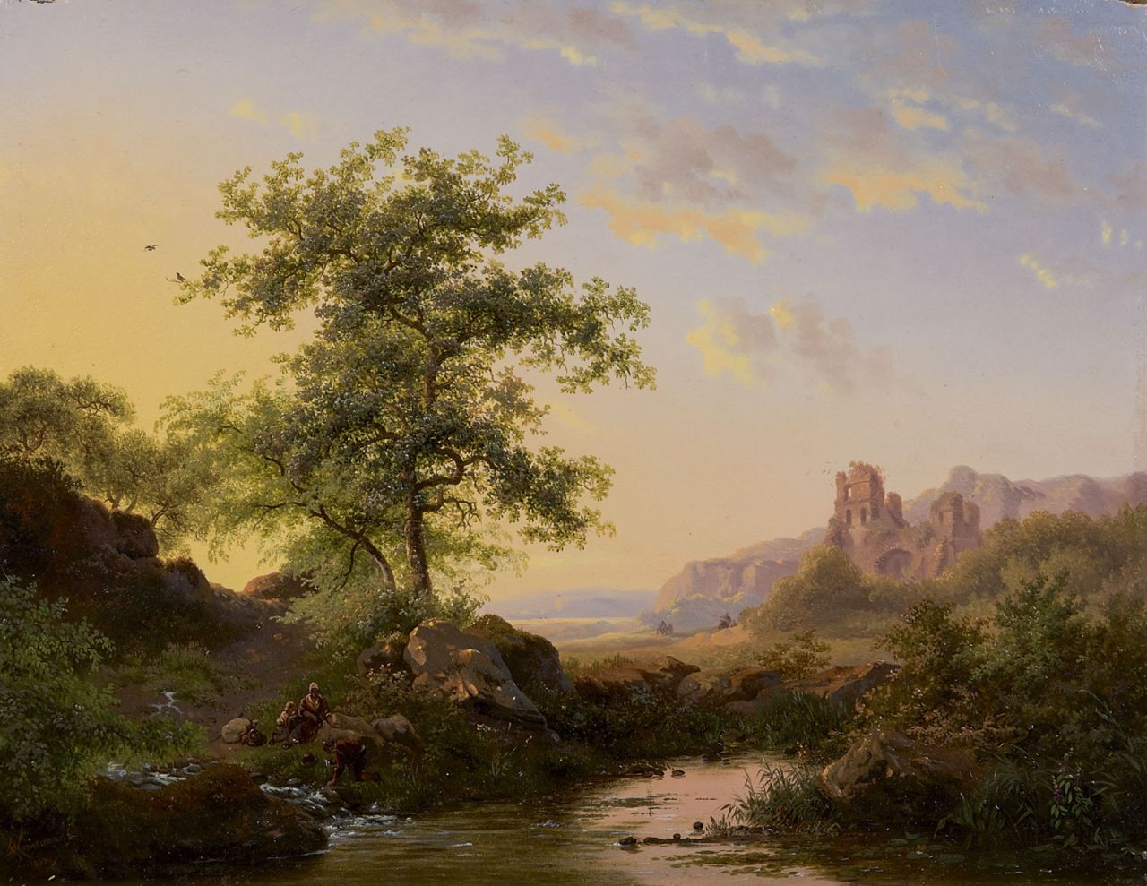 Kruseman F.M.  | Frederik Marinus Kruseman, Heuvellandschap met de ruïne van Brederode, olieverf op paneel 24,0 x 30,9 cm, gesigneerd linksonder en gedateerd 1853
