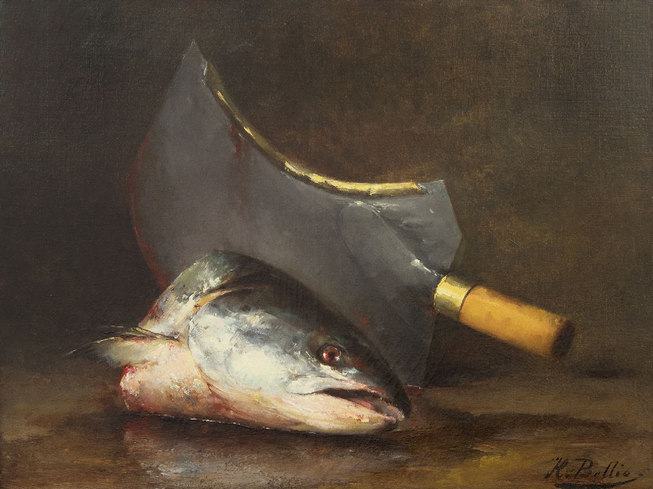 Bellis J.L.  | Josse-Lambert 'Hubert' Bellis | Schilderijen te koop aangeboden | Stilleven met vissenkop en hakmes, olieverf op doek 47,2 x 63,0 cm, gesigneerd rechtsonder