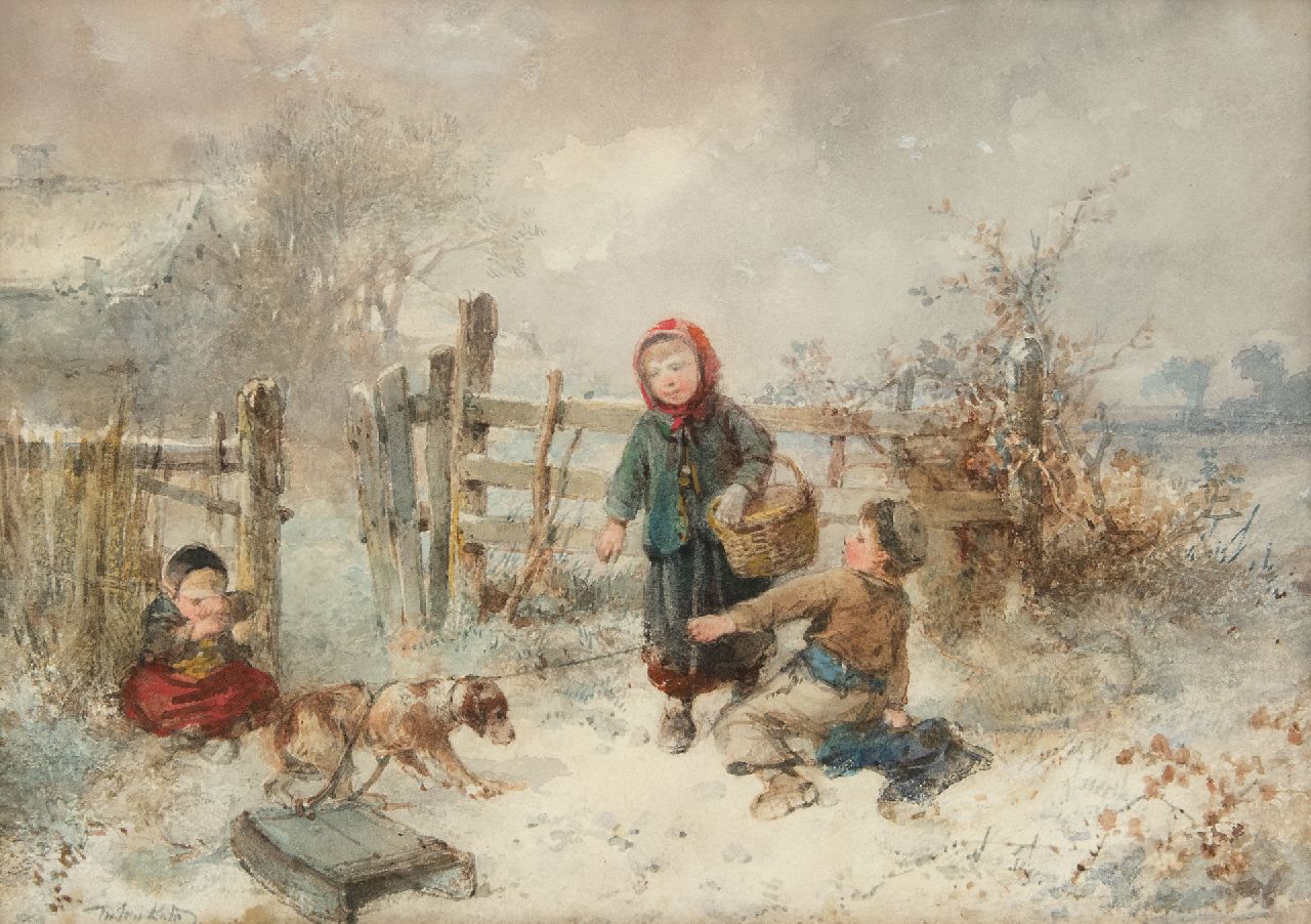 Kate J.M.H. ten | Johan 'Mari' Henri ten Kate | Aquarellen en tekeningen te koop aangeboden | Kinderen spelend in de sneeuw, aquarel op papier 25,7 x 35,9 cm, gesigneerd linksonder