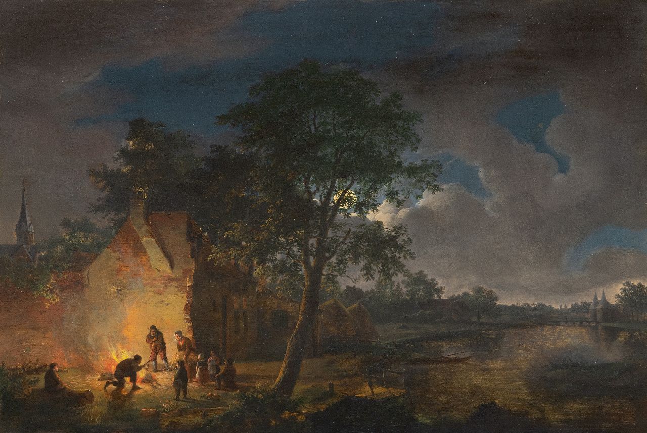 Abels J.Th.  | 'Jacobus' Theodorus Abels | Schilderijen te koop aangeboden | Maanverlicht landschap met vuurplaats, olieverf op paneel 39,1 x 51,5 cm