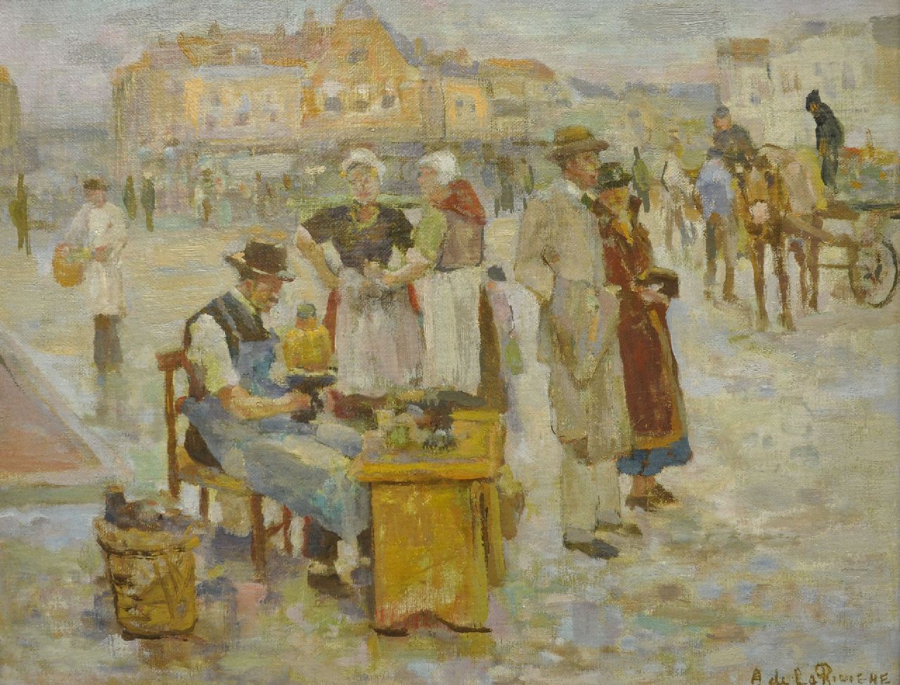 Rivière A.P. de la | Adrianus Philippus 'Adriaan' de la Rivière, Straattafereel met schoenmaker, olieverf op doek 35,0 x 45,0 cm, gesigneerd rechtsonder