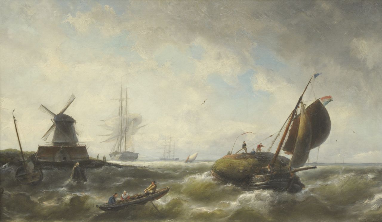 Riegen N.  | Nicolaas Riegen, Havenmonding met zeilschepen in een stevige bries, olieverf op doek 43,9 x 74,2 cm, gesigneerd linksonder