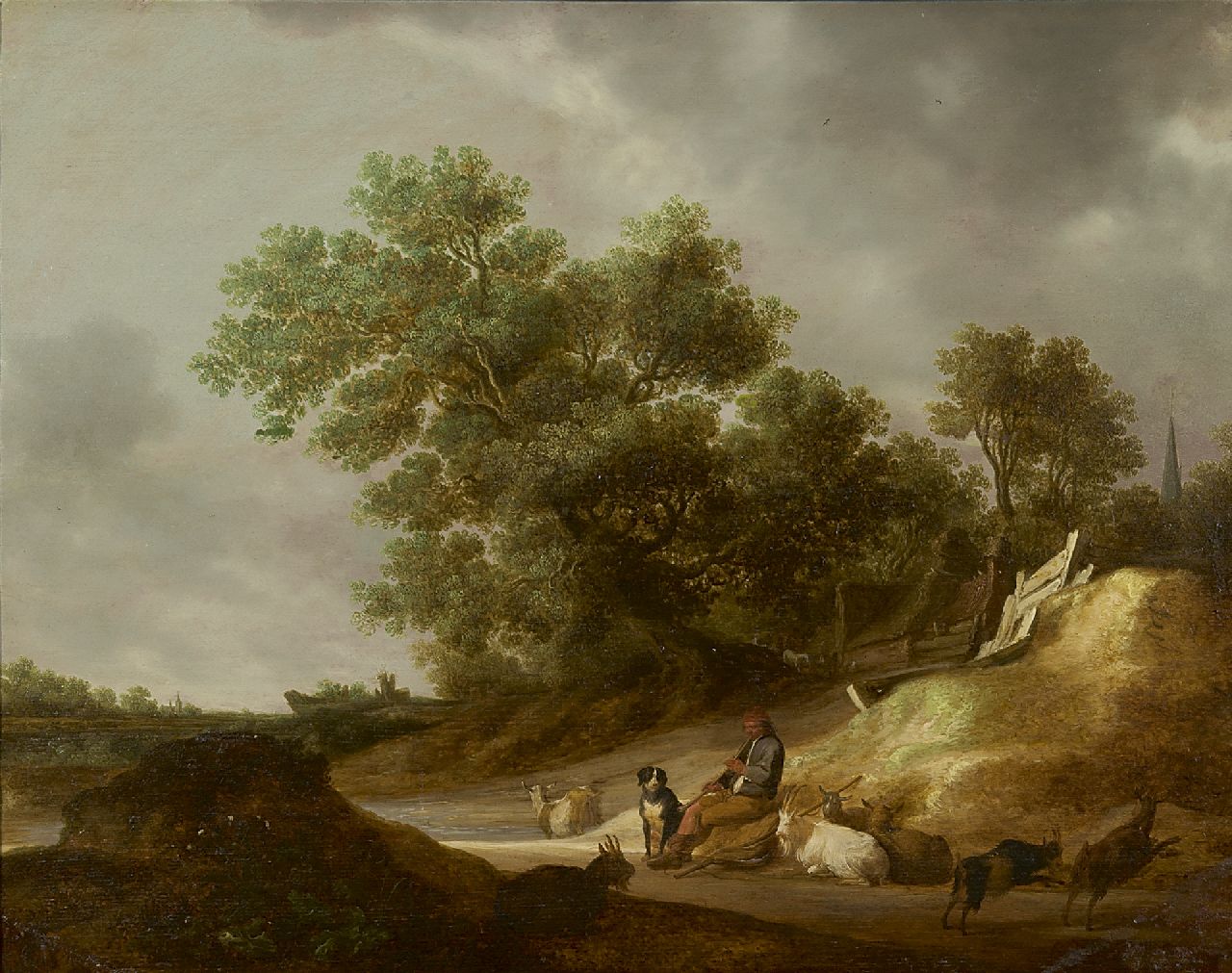 Frans de Hulst | Herder met fluit in een landschap, olieverf op paneel, 54,0 x 69,0 cm, gesigneerd l.o.