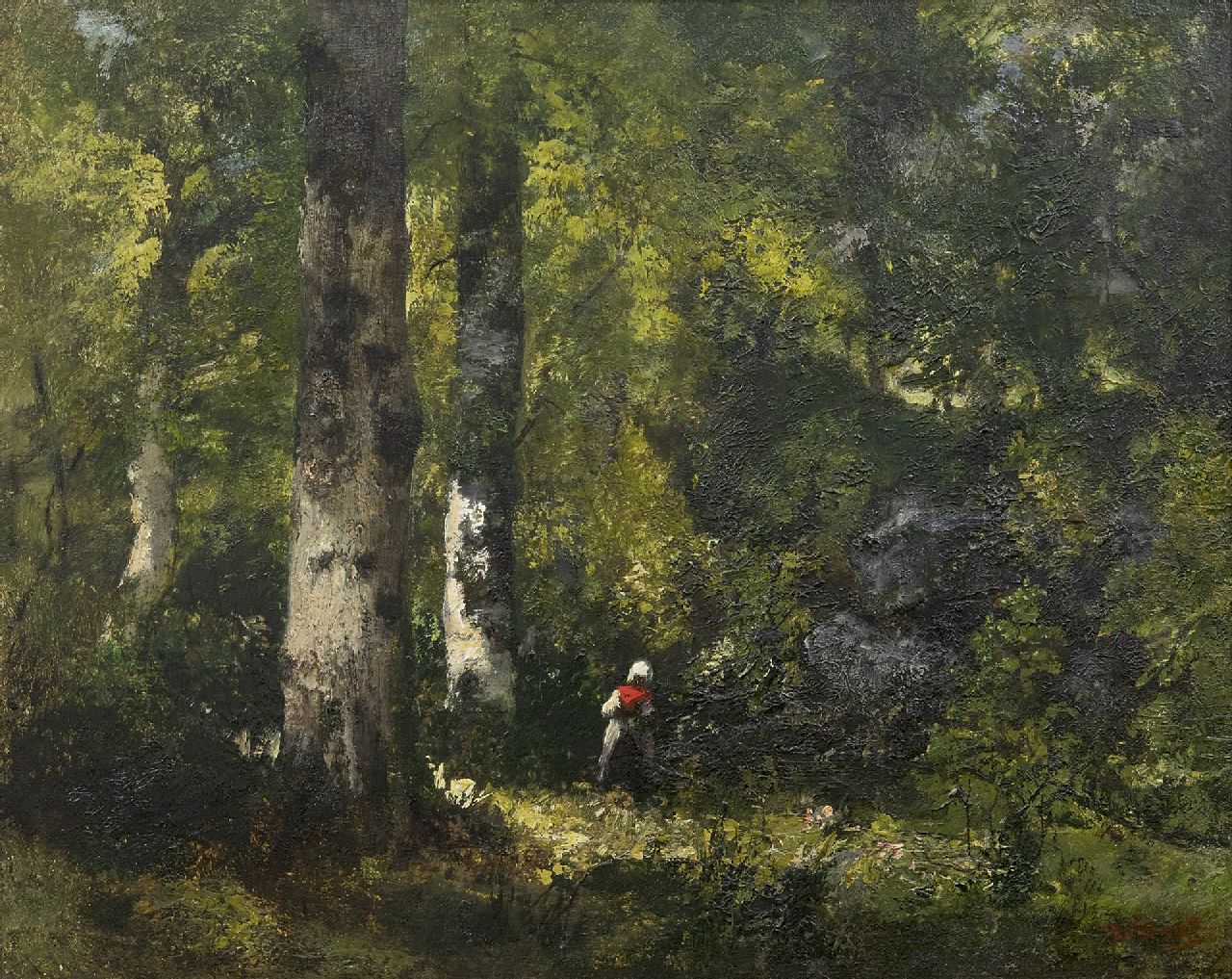 Narcisse Virgile Diaz de la Peña | Houtsprokkelaarster in het bos van Fontainebleau, olieverf op schildersboard, 32,3 x 40,6 cm, gesigneerd r.o.