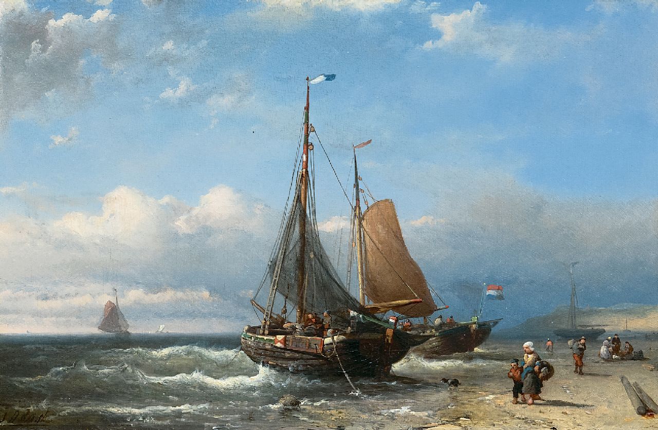 Rust J.A.  | Johan 'Adolph' Rust | Schilderijen te koop aangeboden | Pinken voor anker op het strand, olieverf op paneel 24,3 x 36,6 cm, gesigneerd linksonder