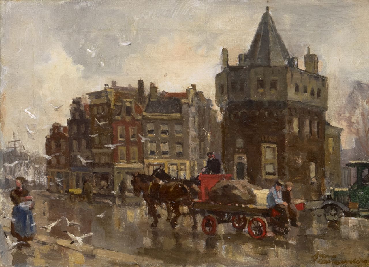 Langeveld F.A.  | Franciscus Arnoldus 'Frans' Langeveld, Paard en wagen bij de Schreierstoren, Amsterdam, olieverf op doek 24,3 x 33,4 cm, gesigneerd rechtsonder