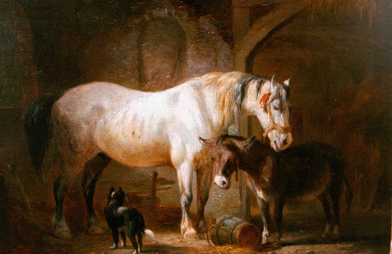 Os P.F. van | Pieter Frederik van Os, Stalinterieur met paard en ezel, olieverf op paneel 15,5 x 22,3 cm, gesigneerd linksonder