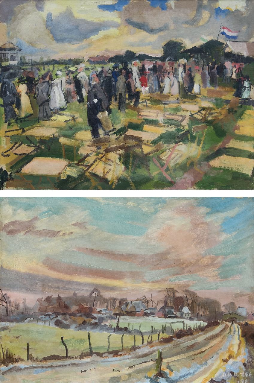 Zee J. van der | Jan van der Zee, Landschap met dorpje in de sneeuw; verso: De drafbaan, Groningen, olieverf op doek 60,5 x 80,8 cm, gesigneerd rechtsonder en gedateerd '40 Zee J. van der | Jan van der Zee, Landschap met dorpje in de sneeuw; verso: De drafbaan, Groningen, olieverf op doek 60,5 x 80,8 cm, gesigneerd rechtsonder en gedateerd '40