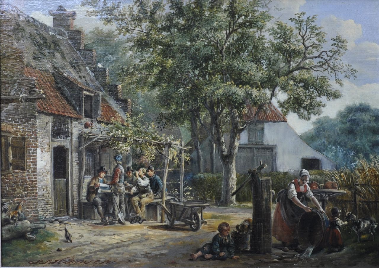 Lambertus Johannes Hansen | Boerendorp met drinkers bij een herberg, olieverf op doek, 41,1 x 56,1 cm, gesigneerd l.o.