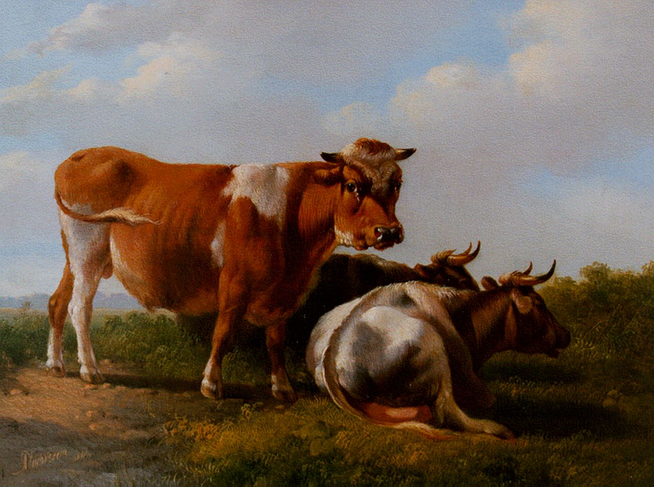 Verhoesen A.  | Albertus Verhoesen, Een stier en twee koeien in de weide, olieverf op paneel 17,0 x 22,4 cm, gesigneerd linksonder en gedateerd 1846