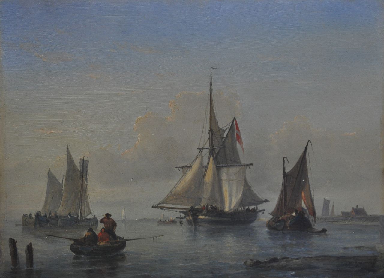 Opdenhoff G.W.  | Witzel 'George Willem' Opdenhoff, Zeilschepen op een windstille dag voor de kust, olieverf op paneel 20,8 x 28,4 cm, gesigneerd rechtsonder