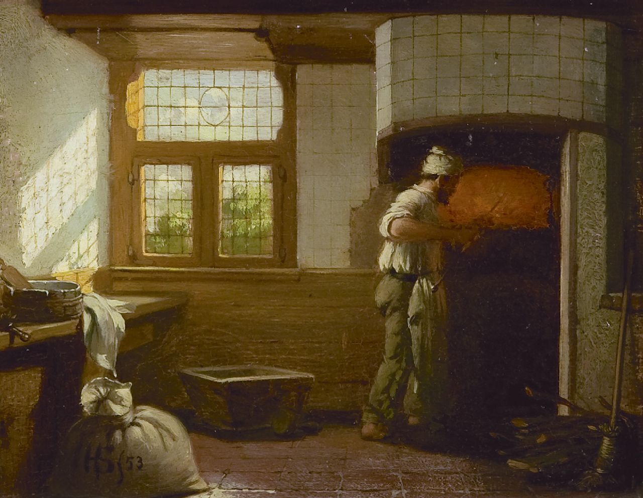 Scheeres H.J.  | Hendricus Johannes Scheeres, Voor de oven, olieverf op paneel 13,3 x 17,1 cm, gesigneerd linksonder met monogram en gedateerd '53