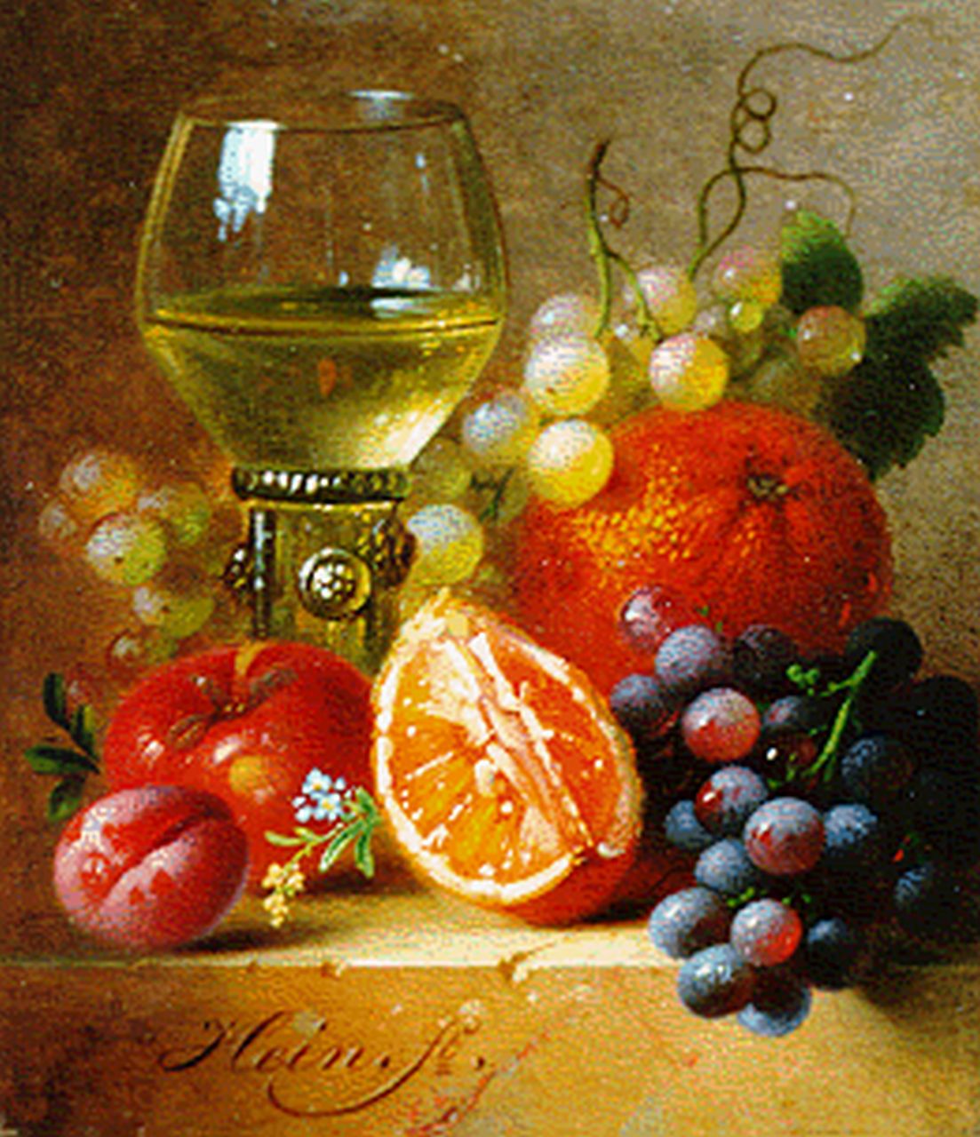 Hein H.J.  | Hendrik Jan Hein, Stilleven met wijn en fruit, olieverf op paneel 10,1 x 8,7 cm, gesigneerd linksonder