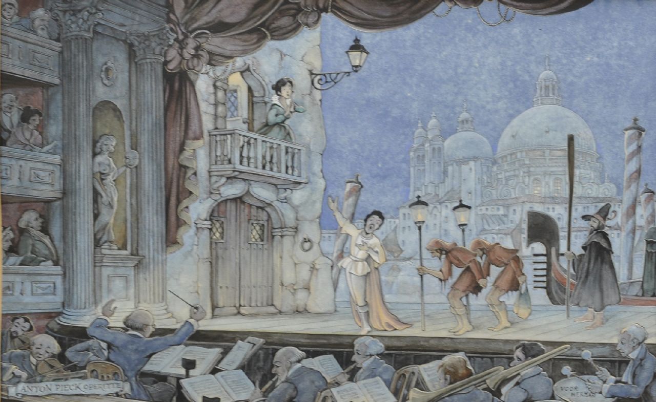 Pieck A.F.  | 'Anton' Franciscus Pieck, Operette 'Eine Nacht in Venedig', aquarel op papier 24,0 x 35,0 cm, gesigneerd linksonder