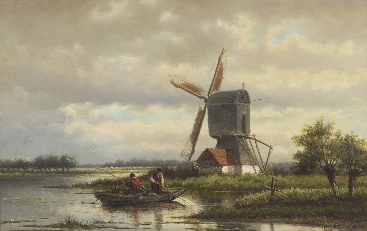 Georgius Heerebaart | Vissers bij een molen in een plassenlandschap, olieverf op paneel, 26,4 x 40,8 cm, gesigneerd r.o.
