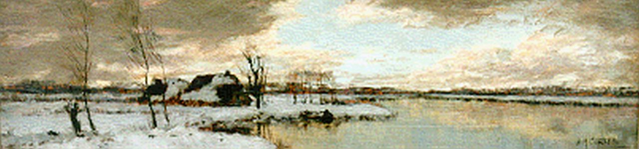 Gorter A.M.  | 'Arnold' Marc Gorter, Sneeuwlandschap met boerderij aan een rivier, olieverf op paneel 15,9 x 60,0 cm, gesigneerd rechtsonder