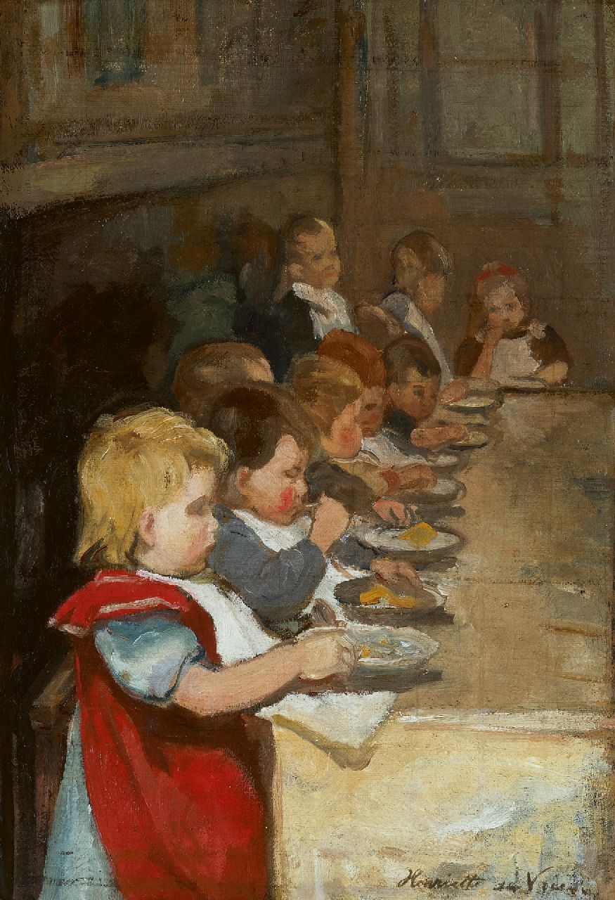 Vries S.C.H. de | Susanna Cornelia 'Henriëtte' de Vries, Kindermaaltijd, olieverf op doek 42,4 x 32,2 cm, gesigneerd rechtsonder