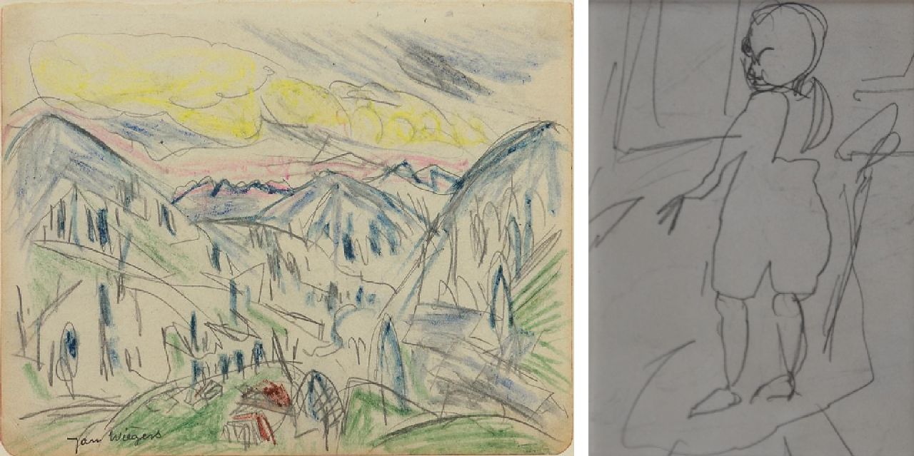 Wiegers J.  | Jan Wiegers | Aquarellen en tekeningen te koop aangeboden | Zwitsers berglandschap; verso: Portret van een jongen, potlood en waskrijt op papier 17,5 x 21,5 cm, gesigneerd linksonder en te dateren ca. 1920