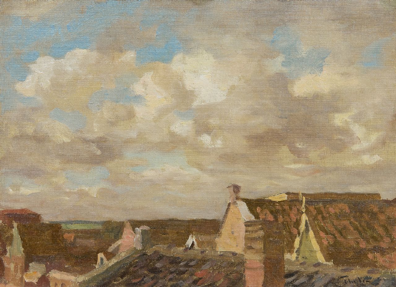 Tholen W.B.  | Willem Bastiaan Tholen, Uitzicht over daken, olieverf op doek op paneel 23,0 x 31,7 cm, gesigneerd rechtsonder