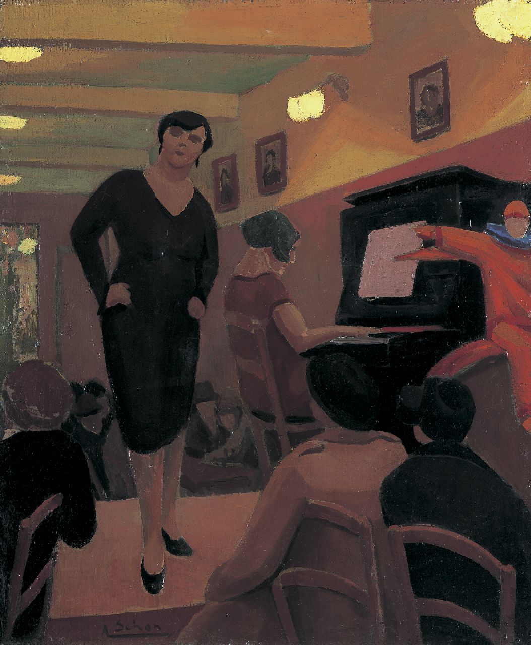 Schön A.  | Arthur Schön | Schilderijen te koop aangeboden | Cabaret, olieverf op doek 60,5 x 50,5 cm, gesigneerd linksonder en verso gedateerd 1928