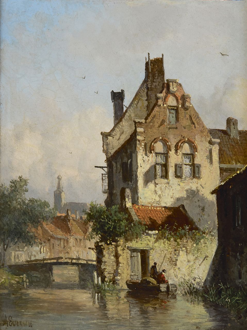 Eversen A.  | Adrianus Eversen, Vissers in de stadsgracht, bij zomer, olieverf op paneel 19,0 x 14,9 cm, gesigneerd linksonder