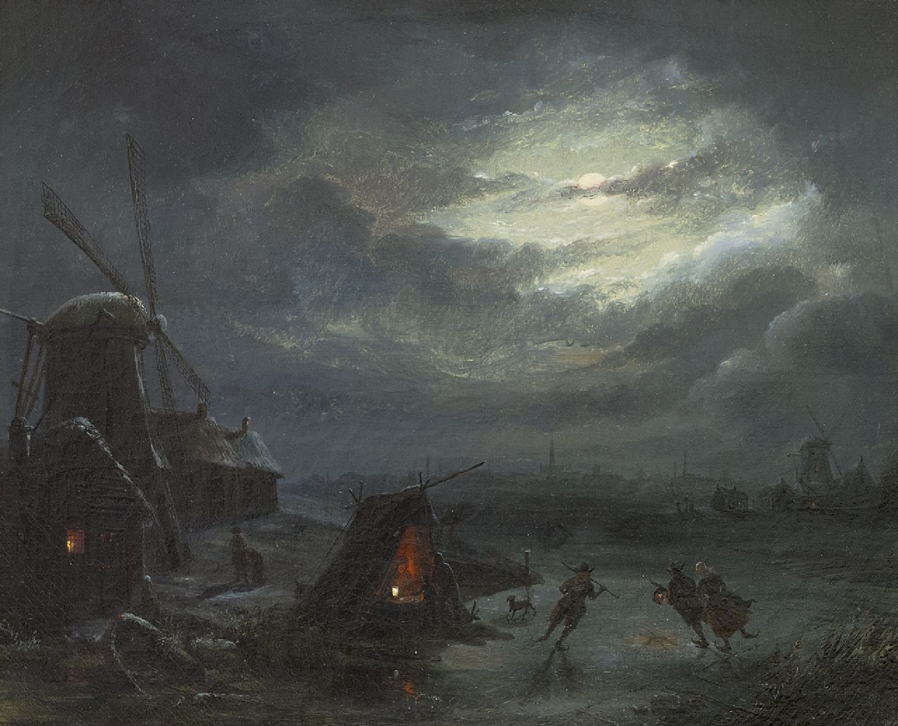 Tetar van Elven J.B.  | Jan 'Johannes' Baptist Tetar van Elven | Schilderijen te koop aangeboden | IJsgezicht bij maanlicht, olieverf op doek 27,3 x 33,6 cm, gesigneerd verso