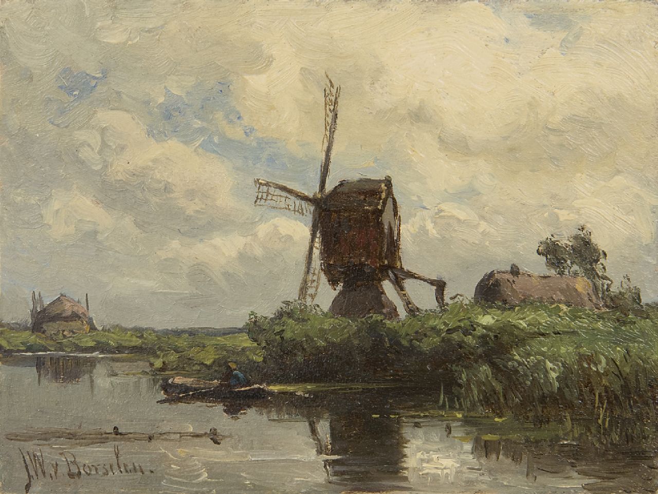 Borselen J.W. van | Jan Willem van Borselen, Wipmolen aan het water, olieverf op paneel 9,0 x 11,9 cm, gesigneerd linksonder