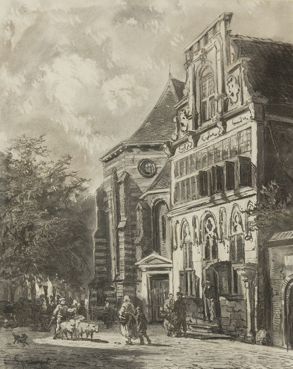 Springer C.  | Cornelis Springer, Zomers gezicht op de Petruskerk en het Stedehuys te Woerden, houtskool op papier 48,5 x 39,5 cm, gesigneerd linksonder en te dateren ca. 1858