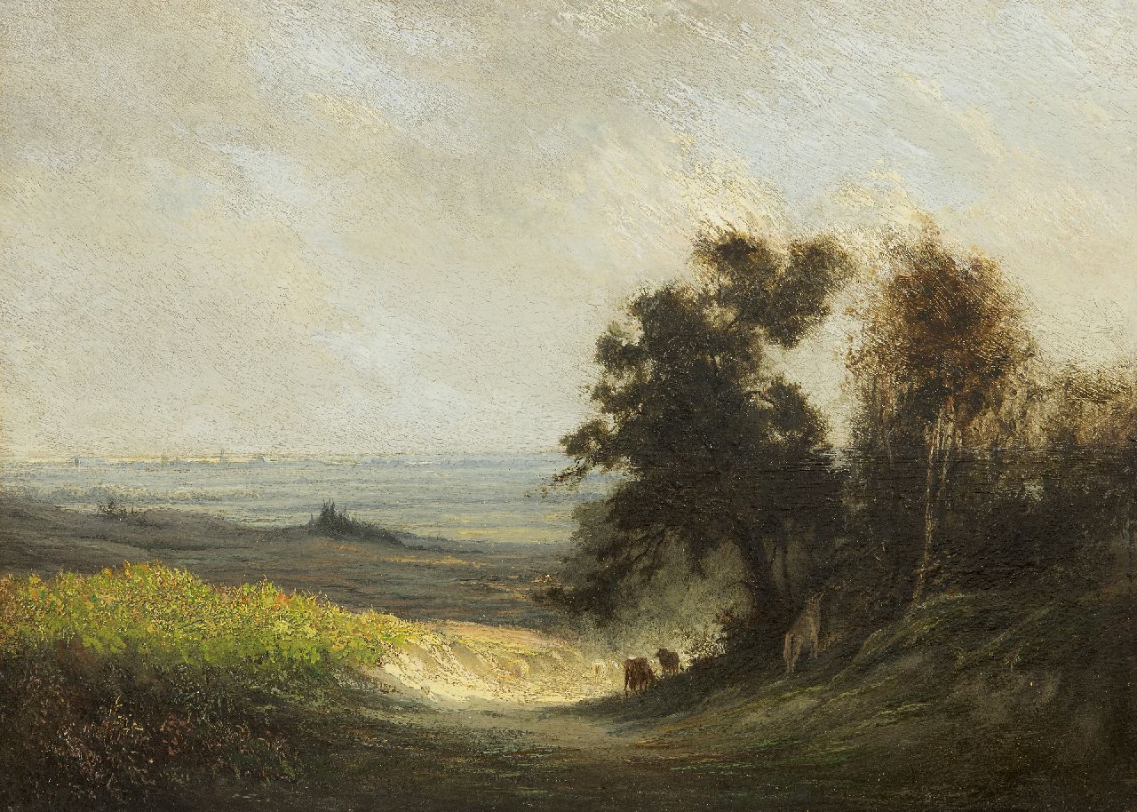 Georges Michel | Panoramisch landschap met twee grazende koeien, olieverf op paneel, 28,3 x 39,2 cm