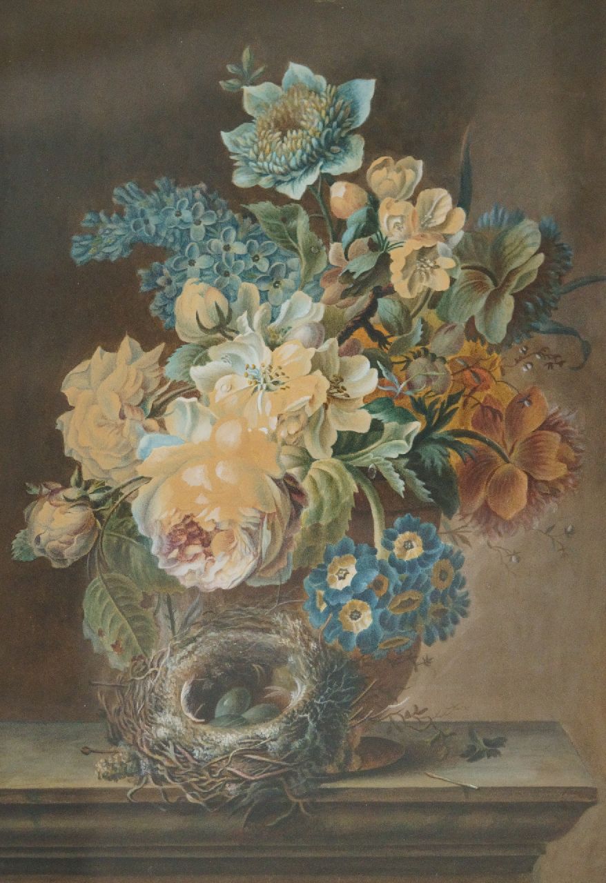 Knip H.G. | 'Henriëtte' Geertruida Knip | Aquarellen en tekeningen te koop aangeboden | Stilleven met bloemen en vogelnestje, aquarel op papier 41,6 x 28,5 cm Knip H.G. | 'Henriëtte' Geertruida Knip | Aquarellen en tekeningen te koop aangeboden | Stilleven met bloemen en vogelnestje, aquarel op papier 41,6 x 28,5 cm