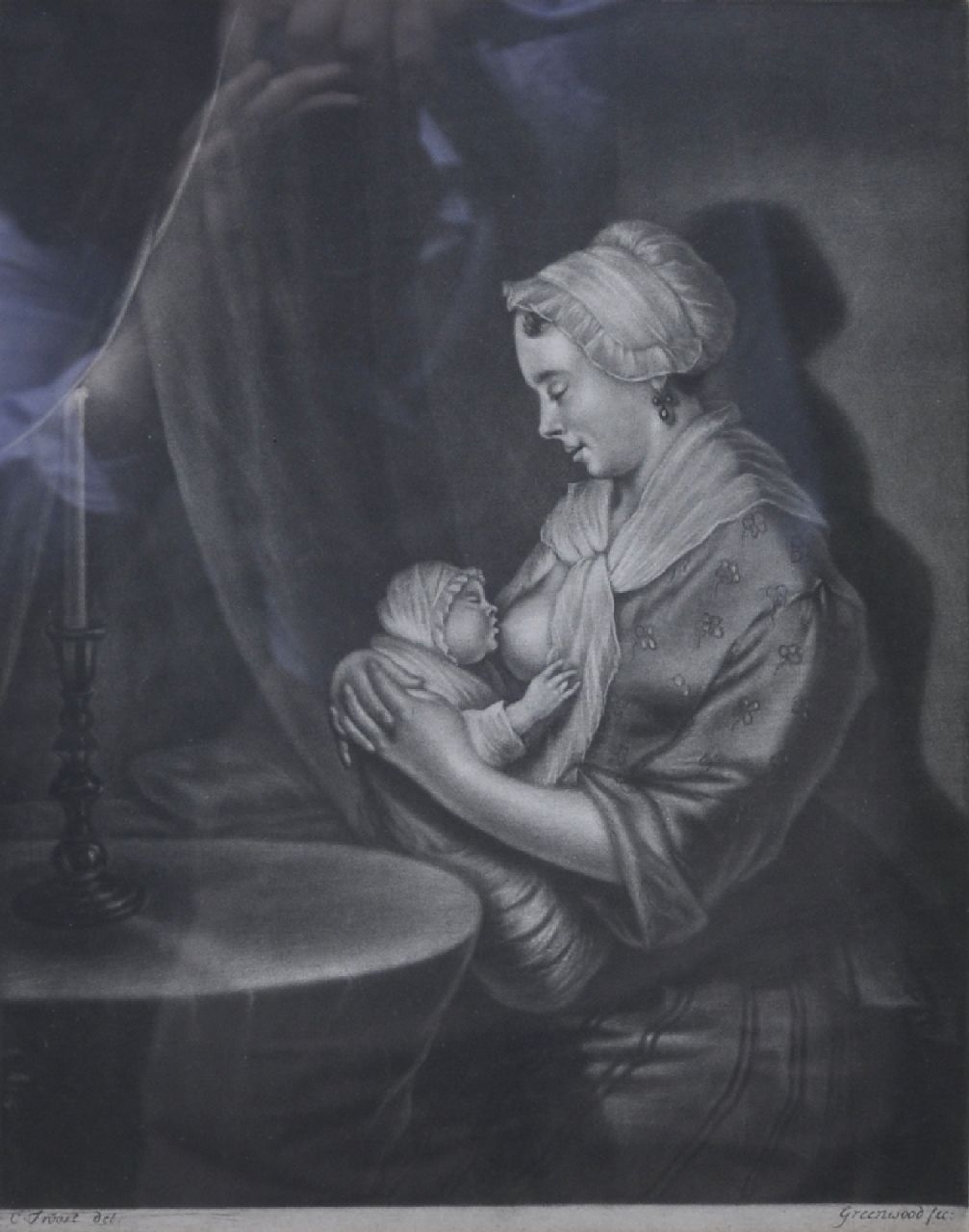 Onbekend (C.L.A. V/D M)  | Onbekend, Zogende moeder (naar Cornelis Troost), gravure op papier 28,5 x 22,8 cm