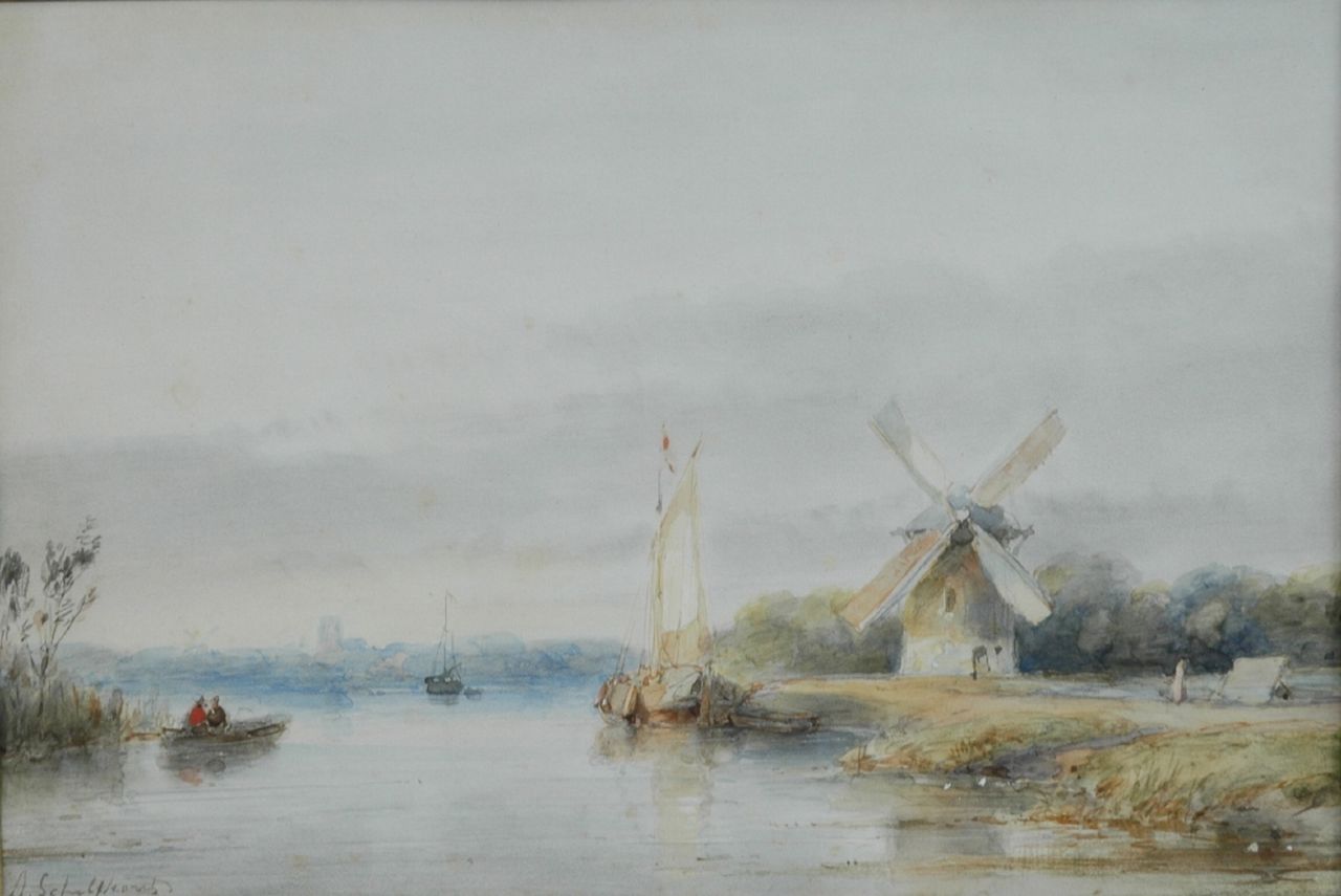 Schelfhout A.  | Andreas Schelfhout, Zomers rivierlandschap, aquarel op papier 16,8 x 24,5 cm, gesigneerd linksonder