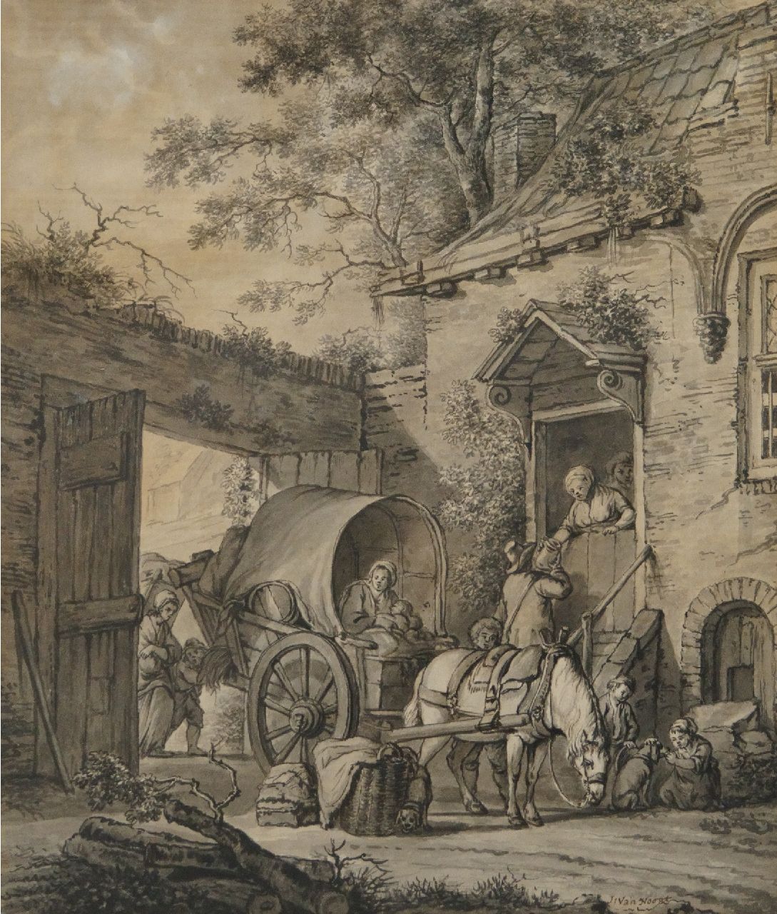 Abraham van Strij | Halte voor een herberg   (gesigneerd Van Noort), pentekening, 33,5 x 28,5 cm, gesigneerd r.o.