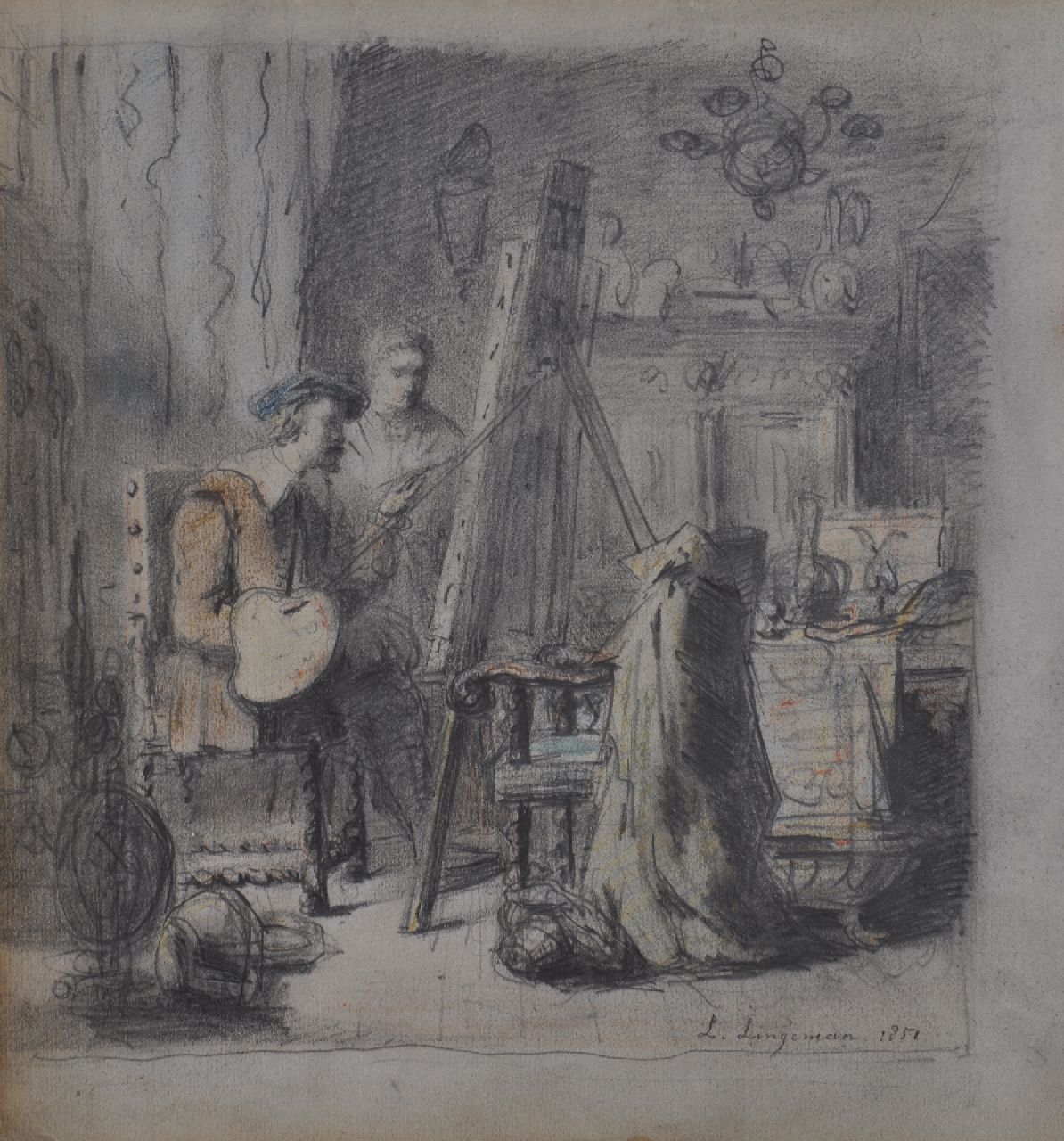 Lingeman L.  | Lambertus Lingeman | Aquarellen en tekeningen te koop aangeboden | Schilder in zijn atelier (mogelijk Rembrandt), potlood en krijt op papier 22,4 x 20,8 cm, gesigneerd rechtsonder en gedateerd 1852