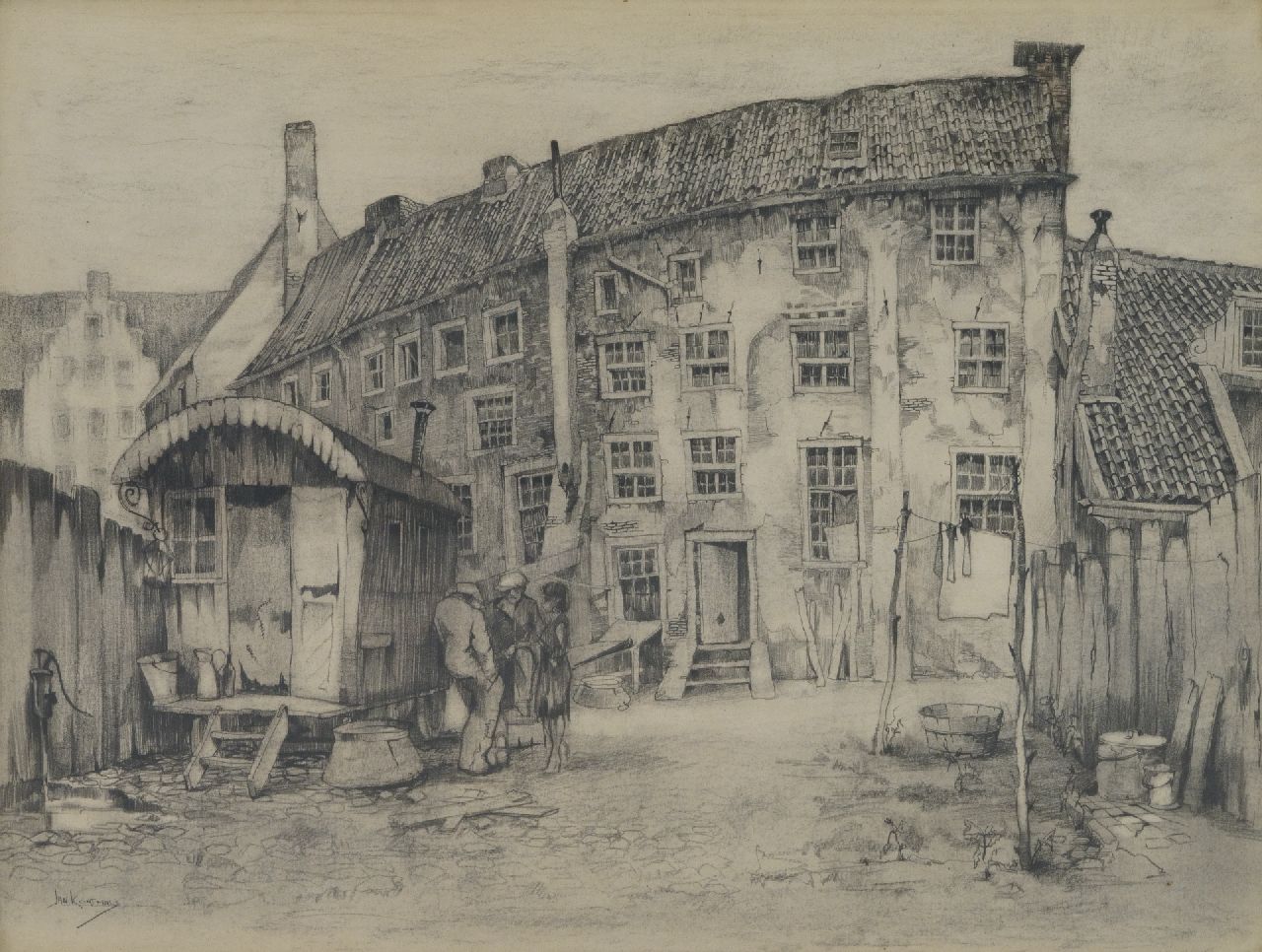 Jan Korthals | Muurhuizen te Amersfoort, tekening op papier, 46,0 x 56,0 cm, gesigneerd l.o.