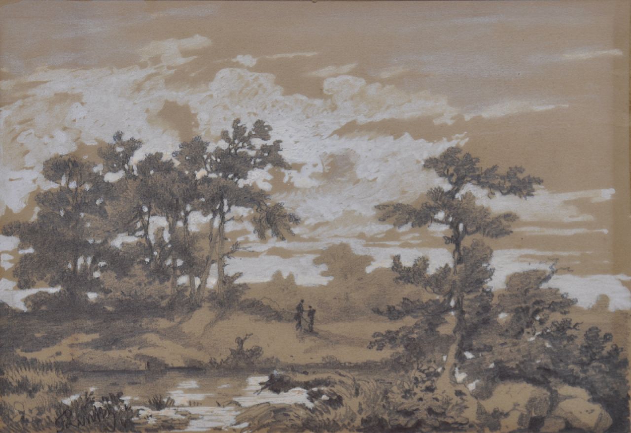 Lintz F.E.  | Ferdinand Ernst Lintz, Boslandschap met figuren, potlood en aquarel op gekleurd papier 13,3 x 18,8 cm, gesigneerd linksonder
