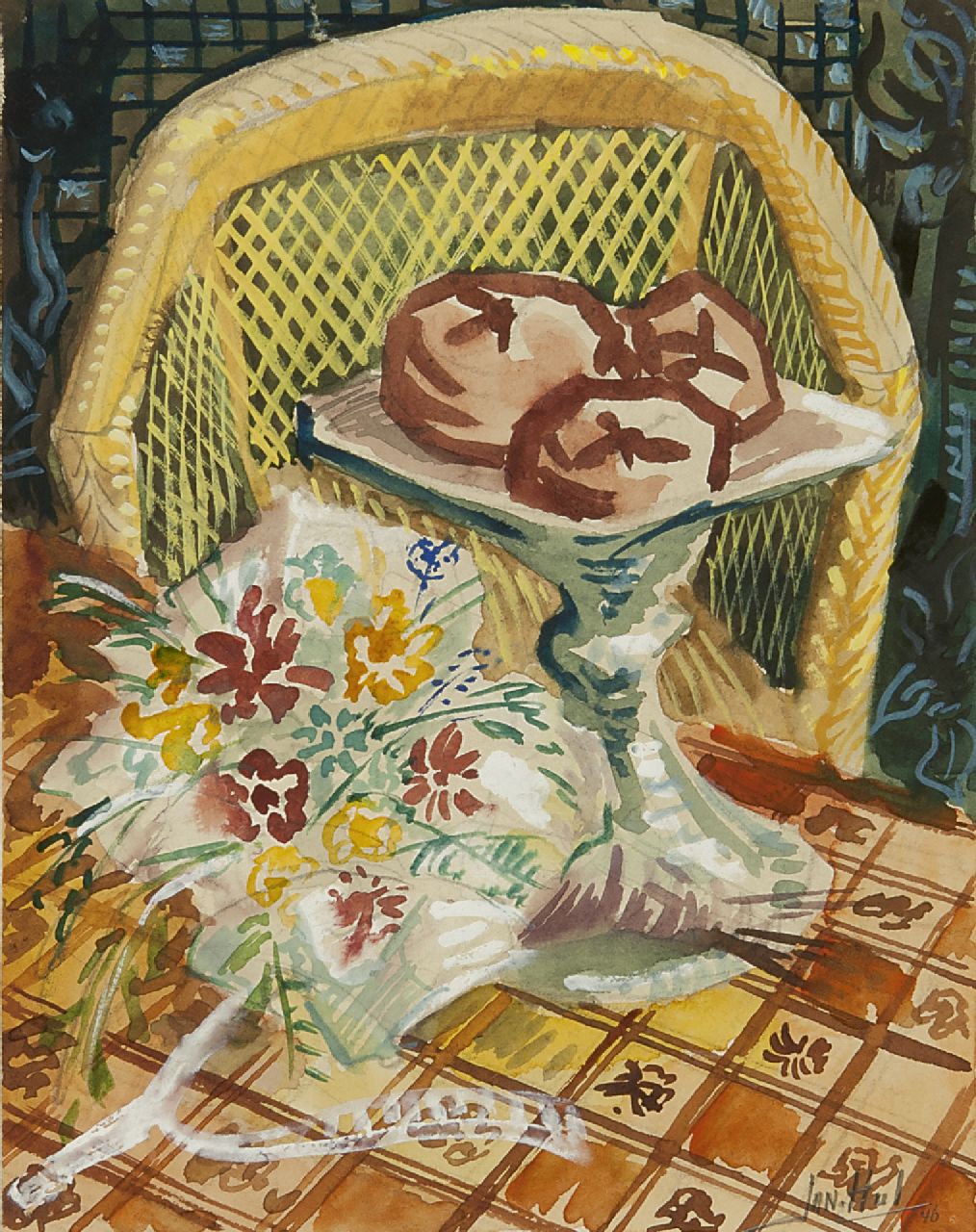 Jan Hul | Stilleven met boeket en schaal met soezen, aquarel op papier, 18,7 x 14,6 cm, gesigneerd r.o. en gedateerd '46