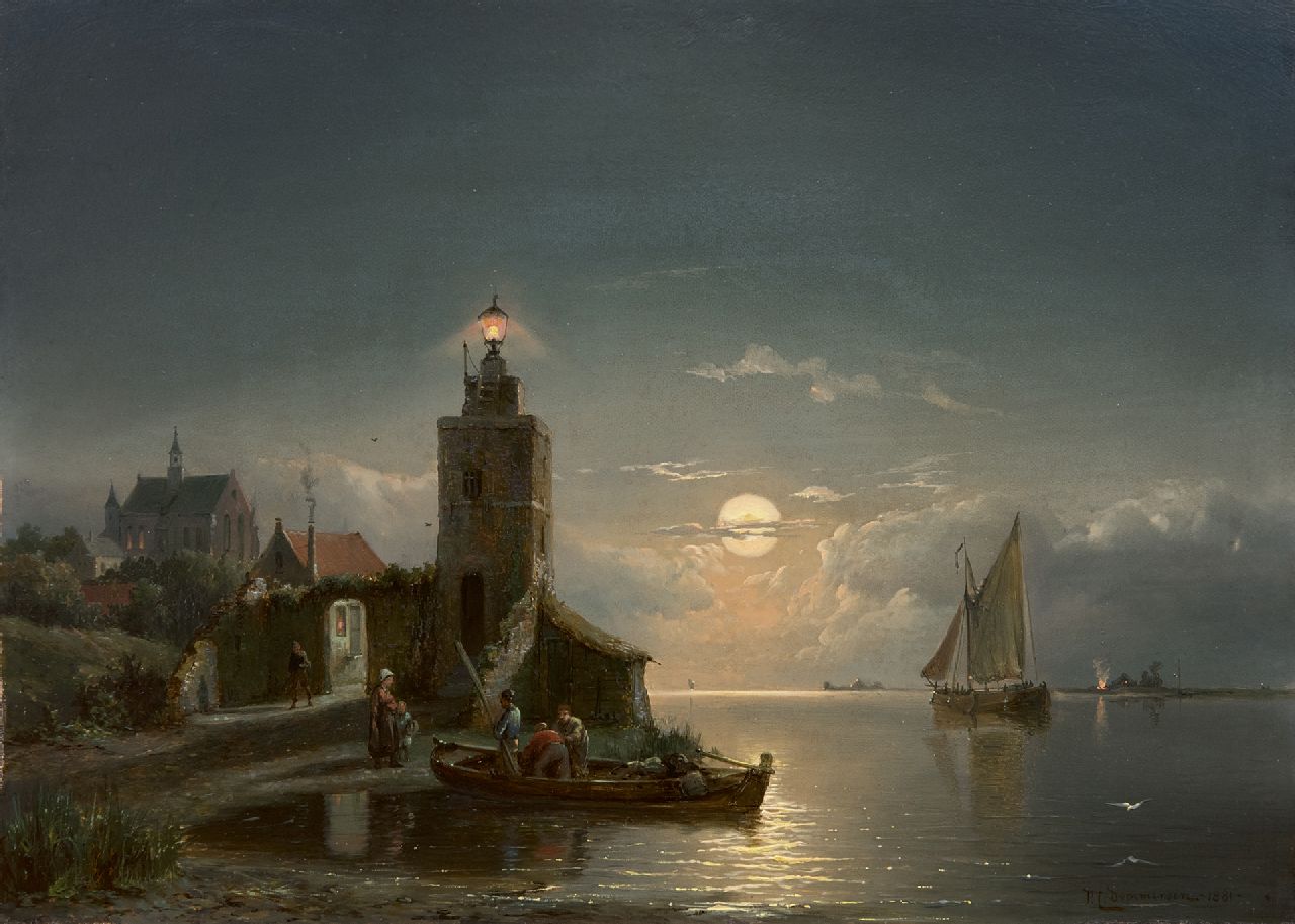Dommershuijzen P.C.  | Pieter Cornelis Dommershuijzen, Vuurtoren bij nacht, olieverf op paneel 27,4 x 38,0 cm, gesigneerd rechtsonder en gedateerd 1881
