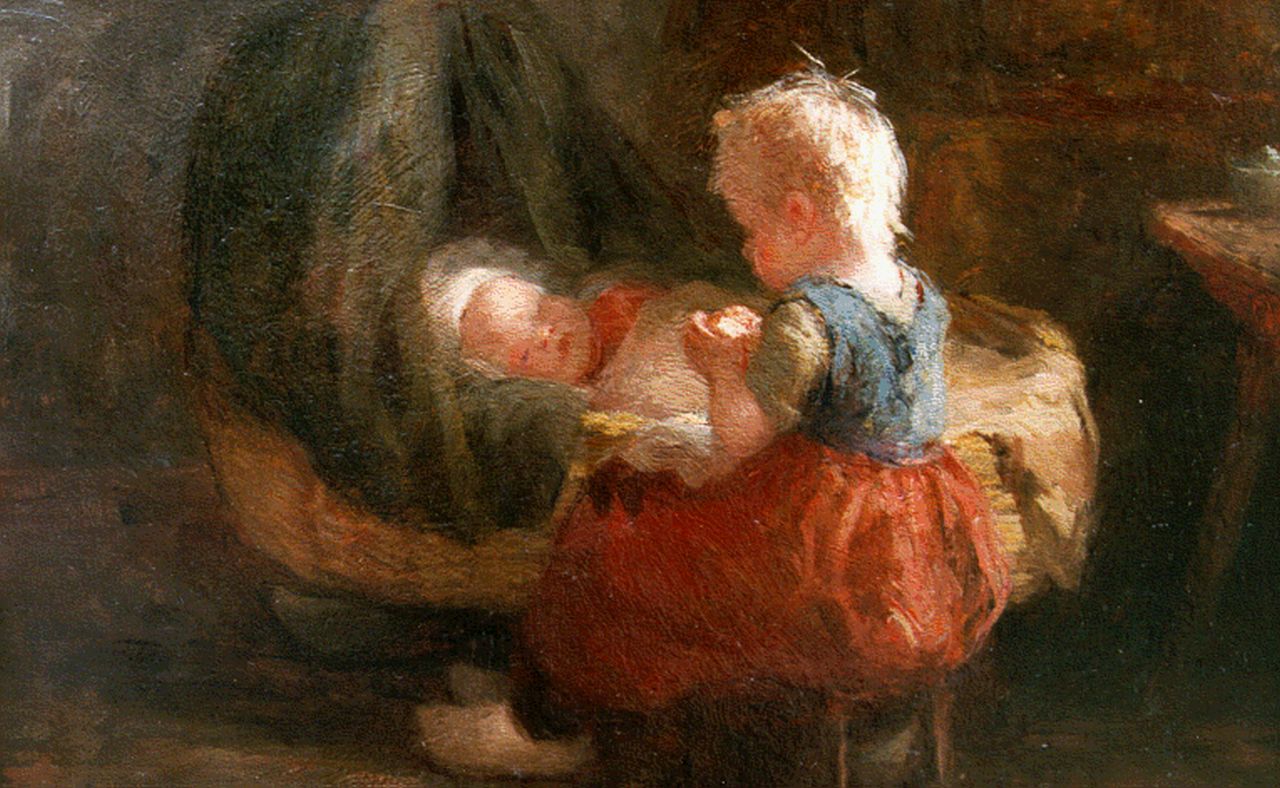 Pieters E.  | Evert Pieters, Meisje bij  baby in de schommelwieg, olieverf op paneel 26,2 x 36,0 cm, gesigneerd linksonder