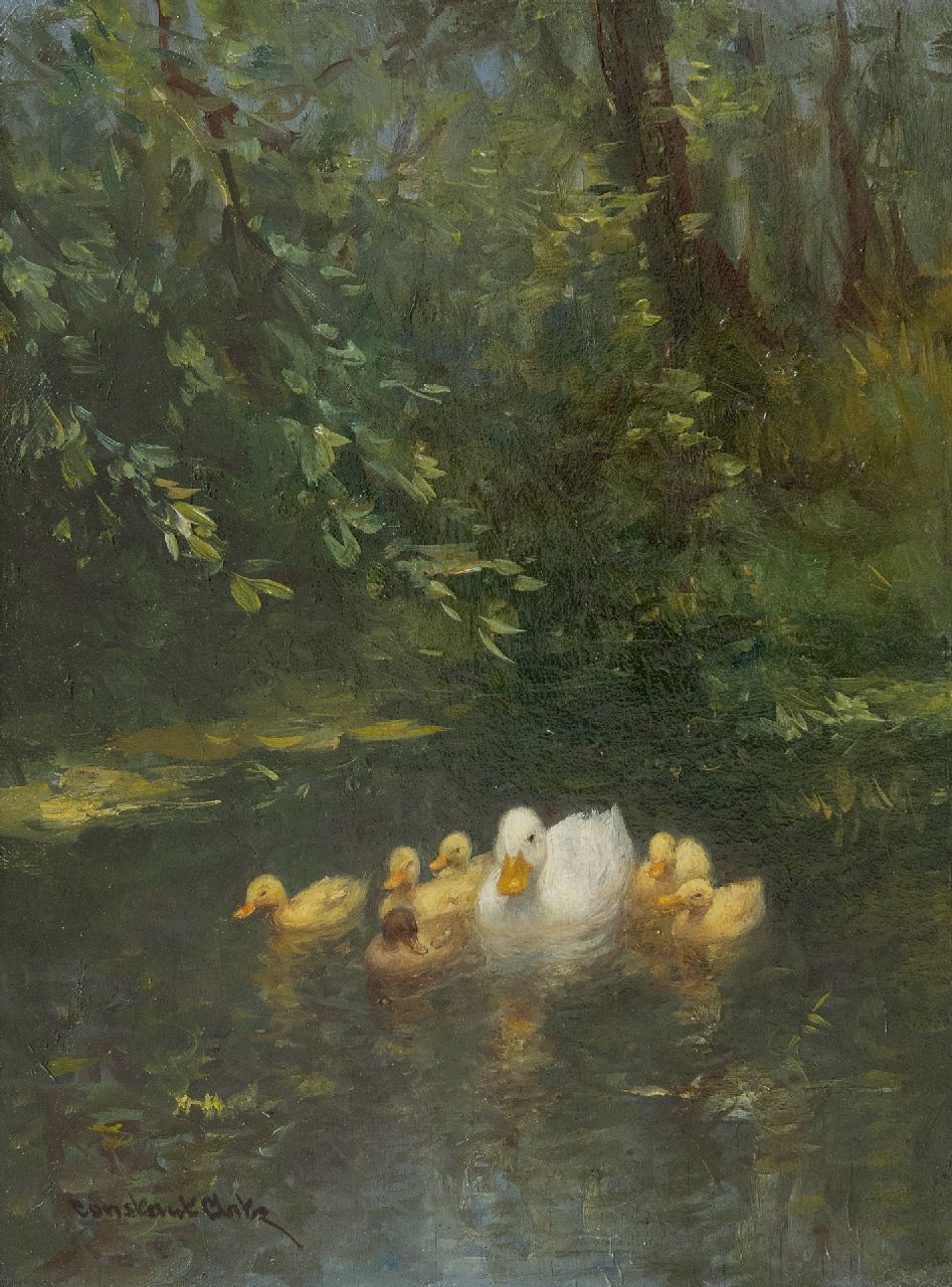 Artz C.D.L.  | 'Constant' David Ludovic Artz, Moedereend met zes kuikens in het water, olieverf op paneel 24,0 x 17,9 cm, gesigneerd linksonder