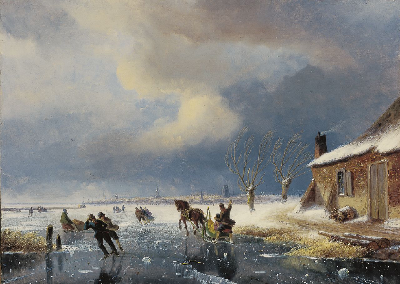 Roosenboom N.J.  | Nicolaas Johannes Roosenboom | Schilderijen te koop aangeboden | Schaatsers op een bevroren rivier met een stad in de verte, olieverf op paneel 36,1 x 50,0 cm, gesigneerd rechtsonder