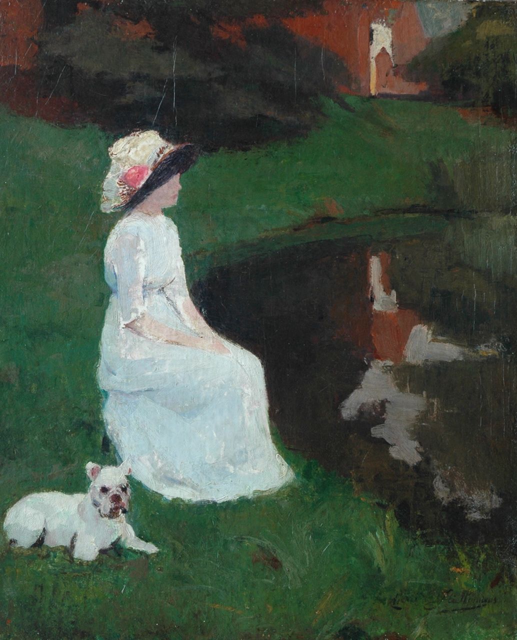 Stiellemans H.V.  | Henri Victor Stiellemans | Schilderijen te koop aangeboden | Dame met bulldog in een park, olieverf op doek 59,9 x 50,0 cm, gesigneerd rechtsonder