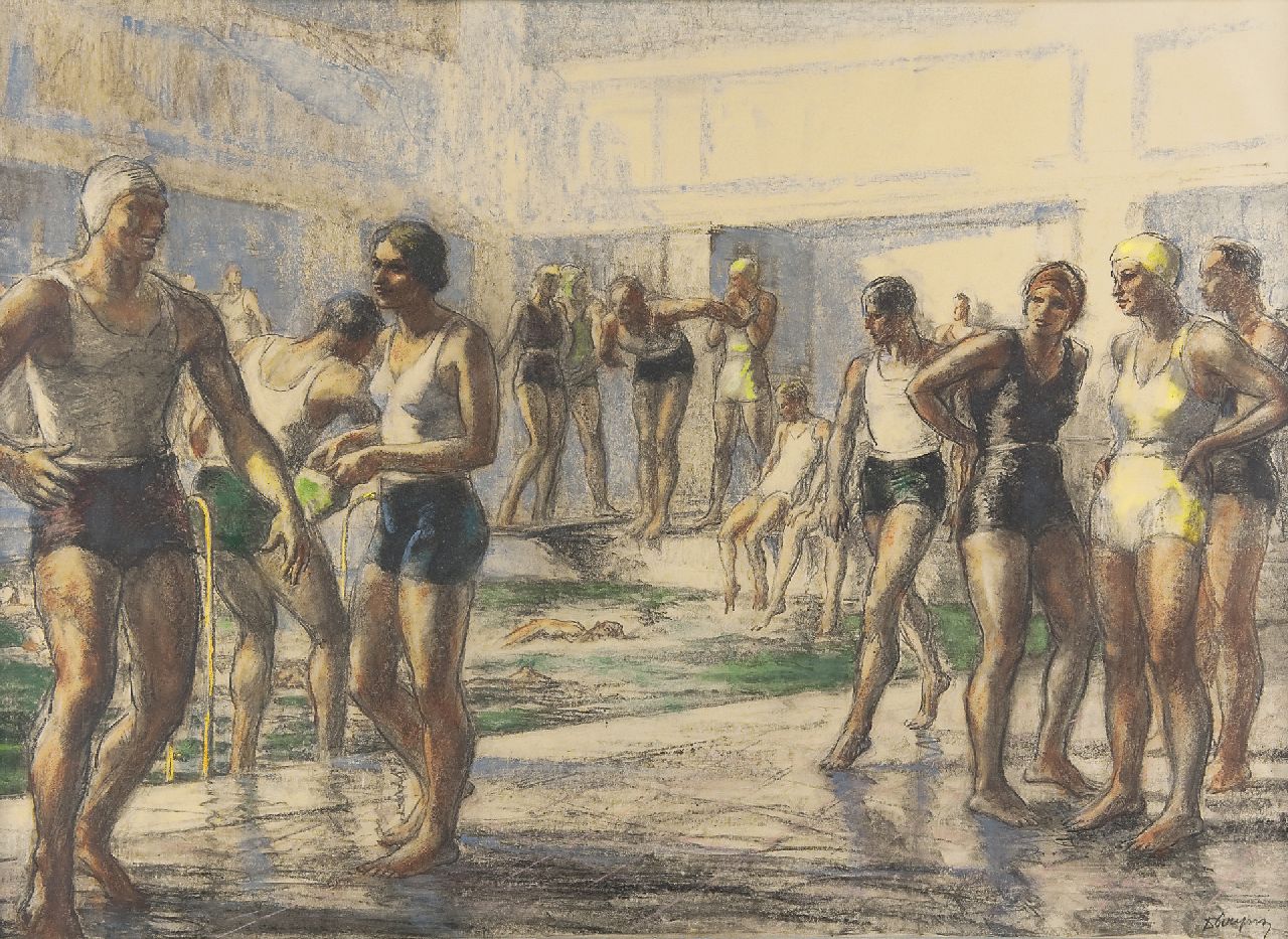Piryns D.  | Désiré Piryns, In het zwembad, krijt op papier 51,0 x 73,0 cm, gesigneerd rechtsonder en te dateren jaren 30