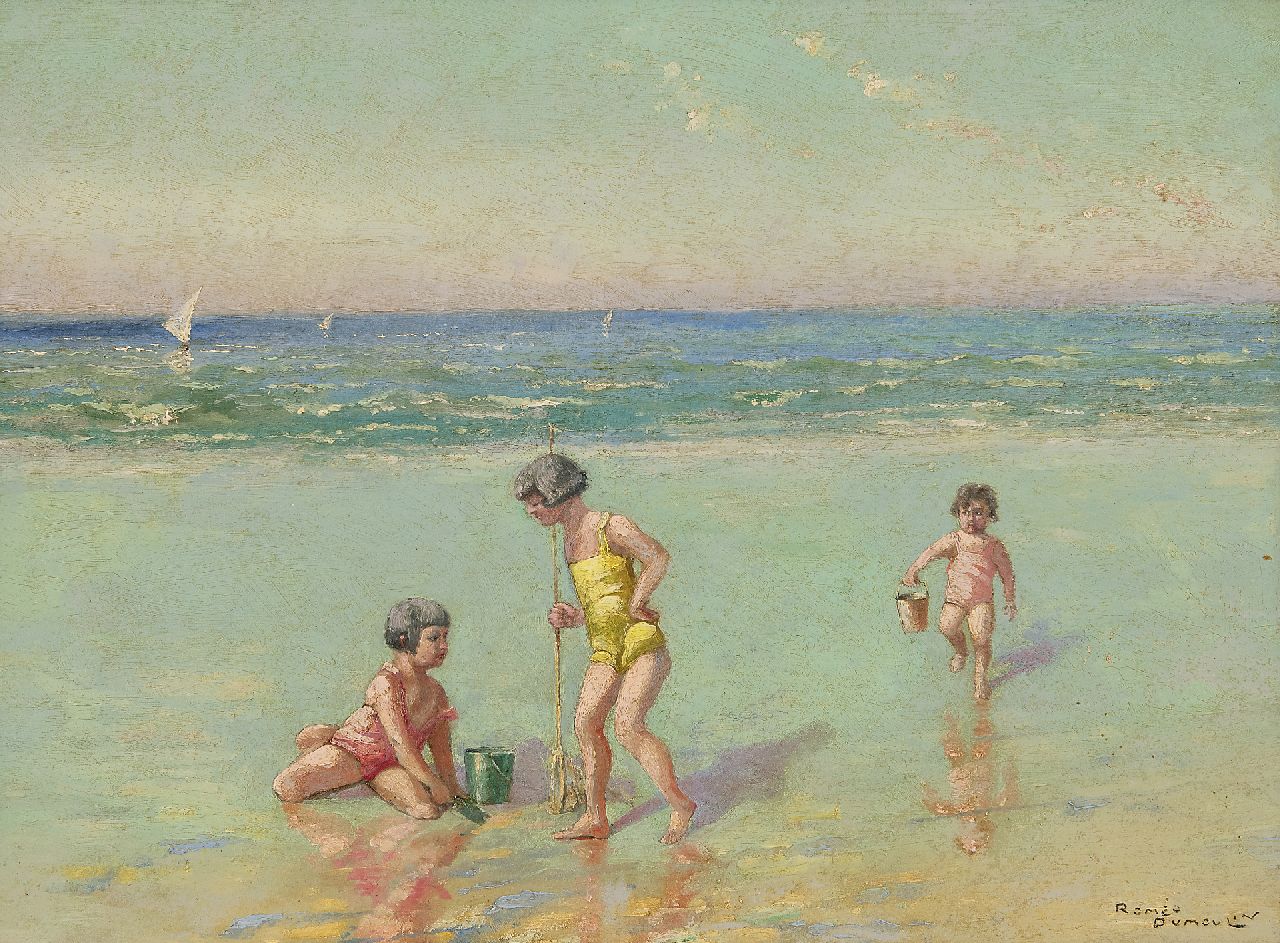Dumoulin R.  | Roméo Dumoulin | Schilderijen te koop aangeboden | Kinderen op het strand, olieverf op schildersboard 30,7 x 40,9 cm, gesigneerd rechtsonder